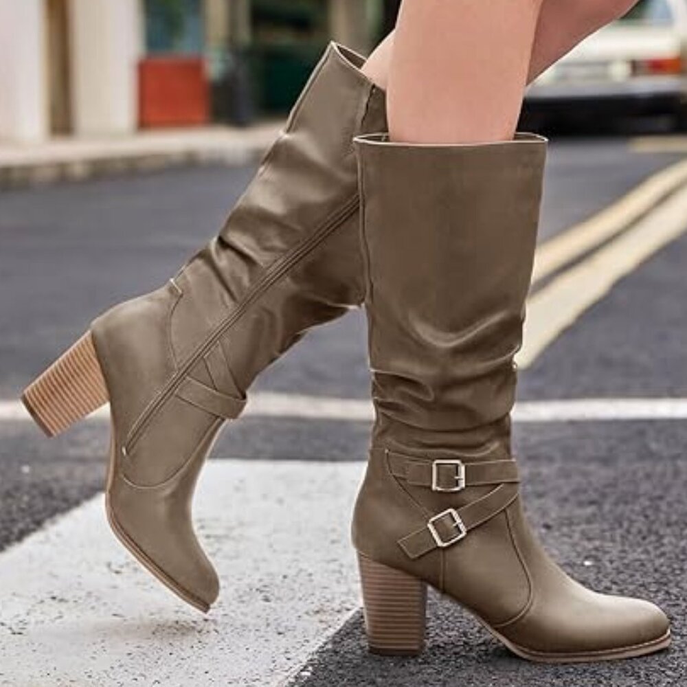 Women Mid Knee High Boots Chunky Heel Slouchy Metal Buckle Side Zipper-Khaki